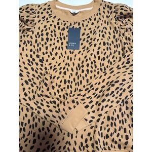 Crown & Ivy Sweatshirt Women XL Tan NWT Meowzers Leopard Puff Sleeve Lounge